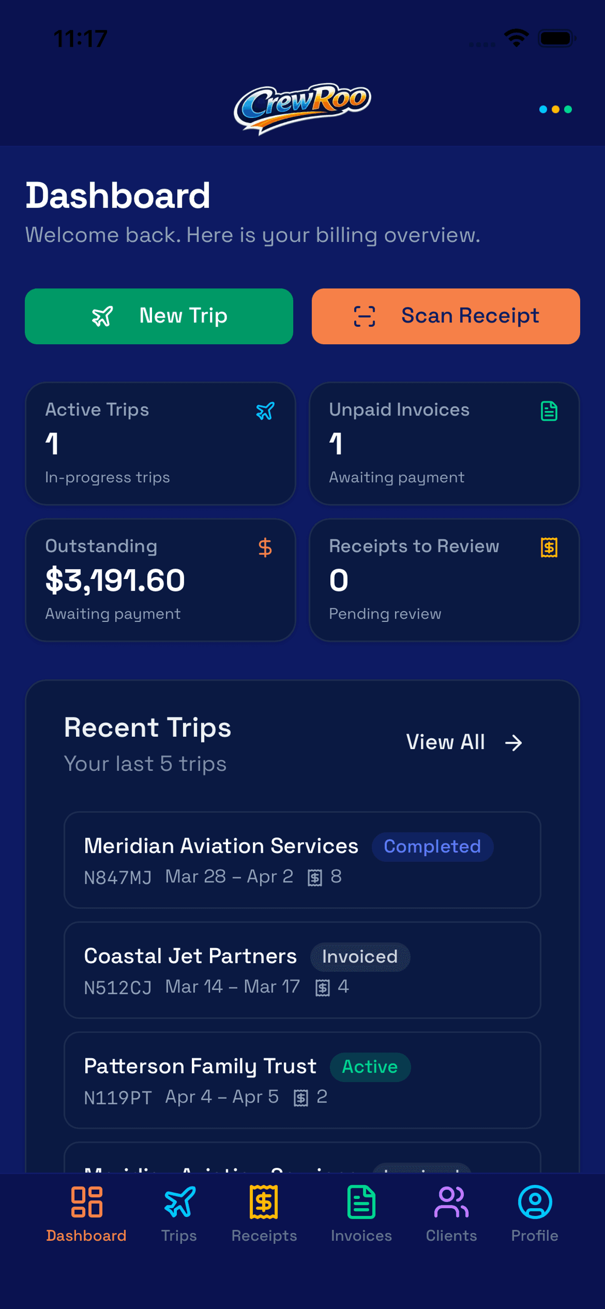 CrewRoo dashboard showing active trips, unpaid invoices, and receipts awaiting review