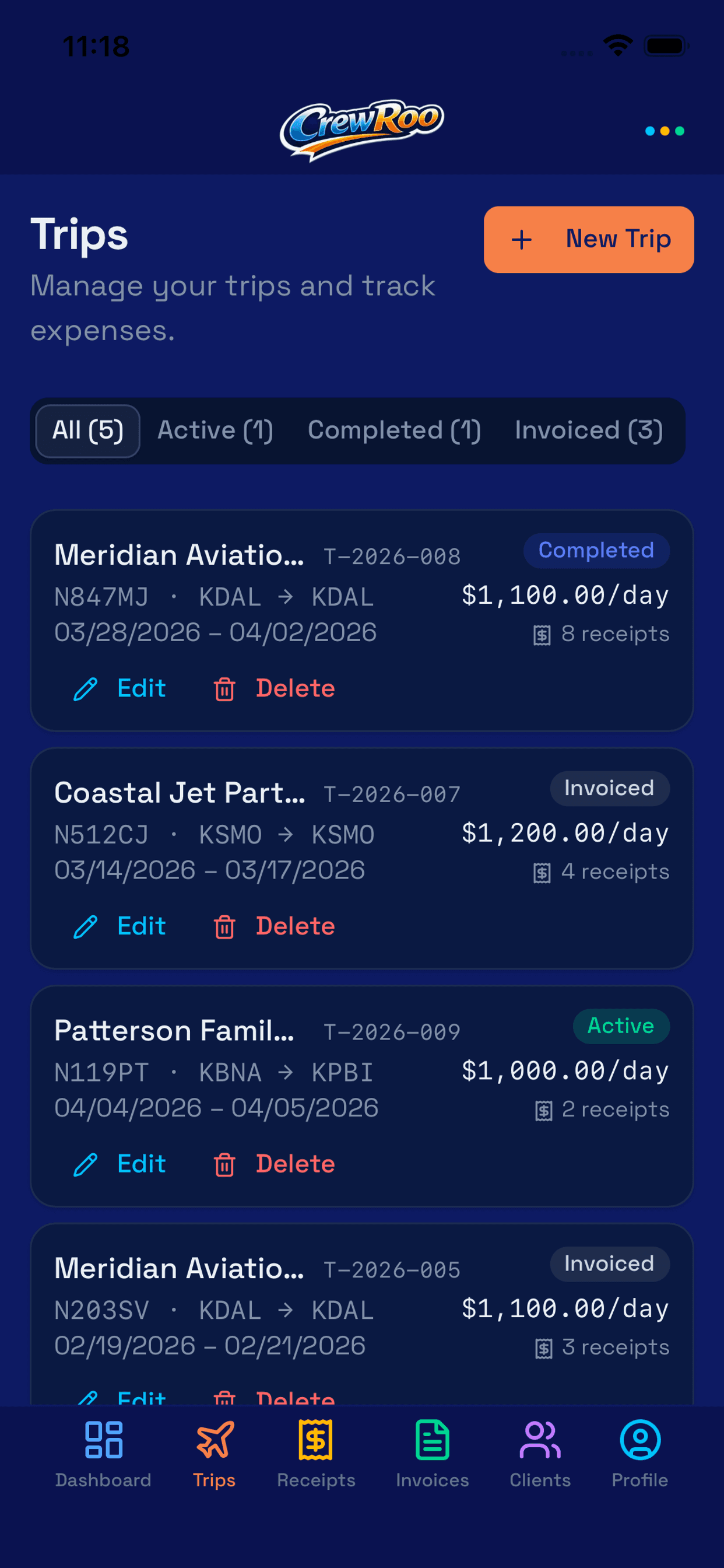 CrewRoo trips screen showing multiple trips with tail numbers, dates, daily rates, and status tags